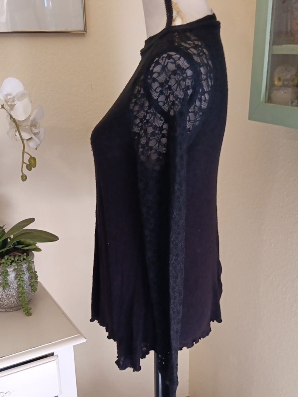 Free People No Limits Black Lace-Inset Long Sleeve Top. Whimsigoth. Lacy. - Picture 6 of 10